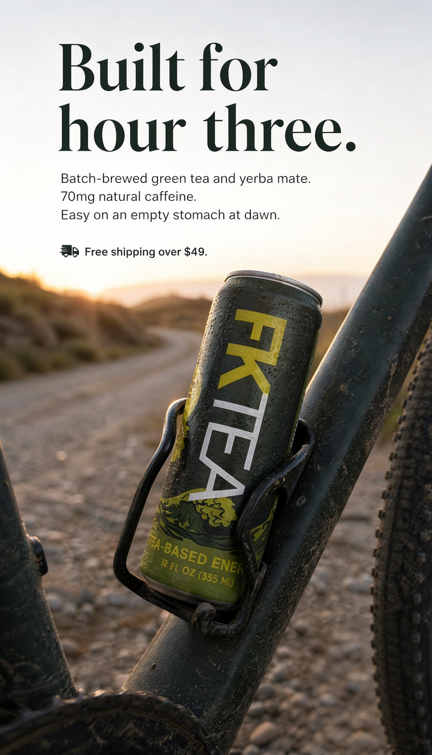FKTea in a bicycle bottle cage with the message Built for hour three.