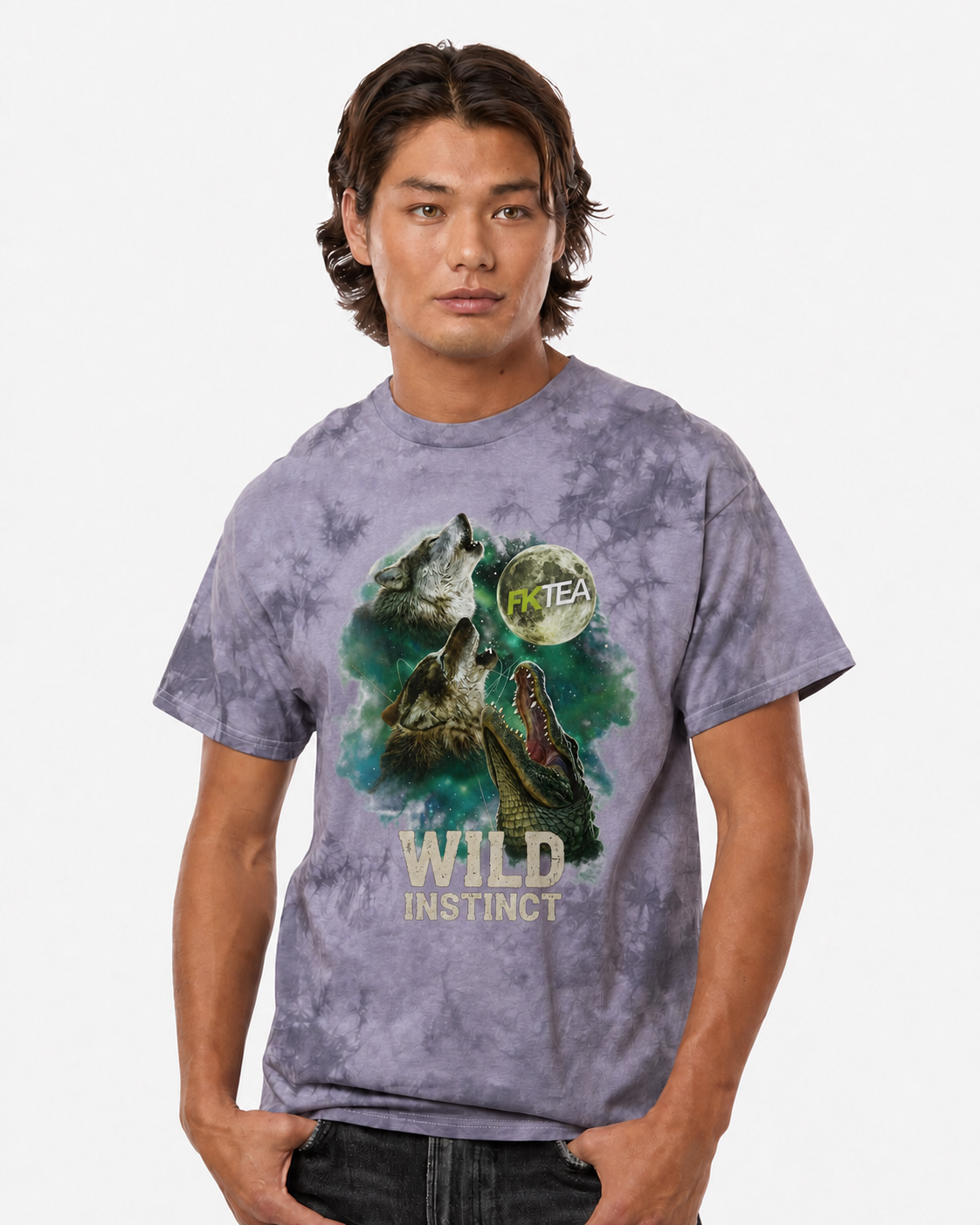 Wild Instinct graphic on a Crystal Plum tie-dye T-shirt